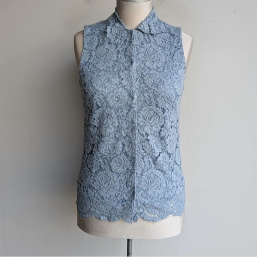 Blue Lace Button Down Sleeveless Collared Blouse